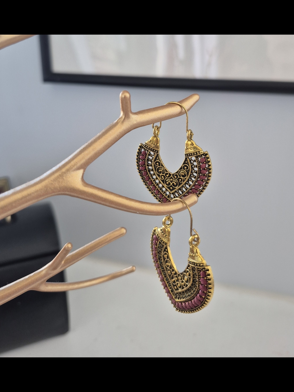 Gold-Tone Filigree Hoop Earrings with Pink Accents